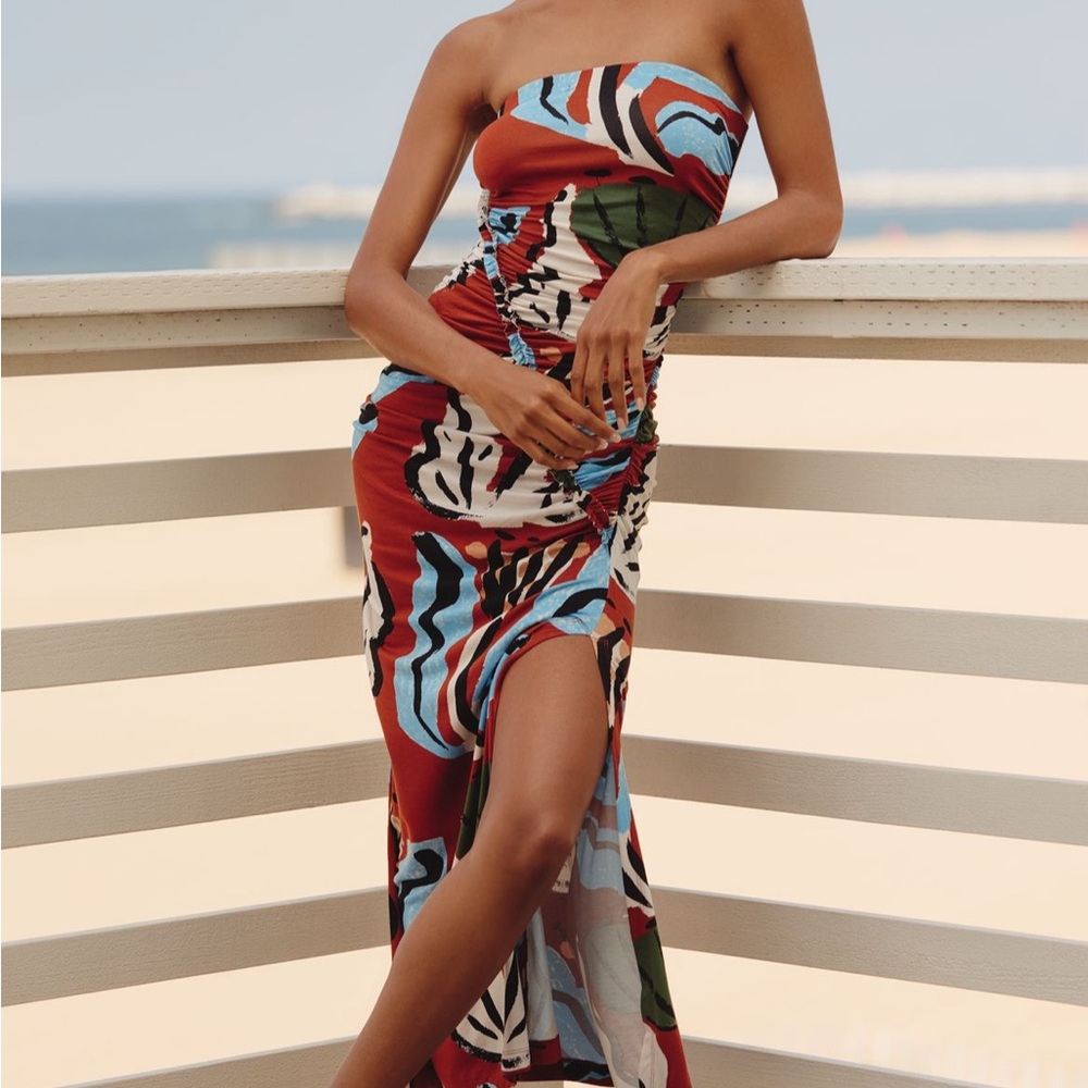 Suzanne Betro Strapless Multicolor Ruched Maxi Dress Side Slit Anthropologie